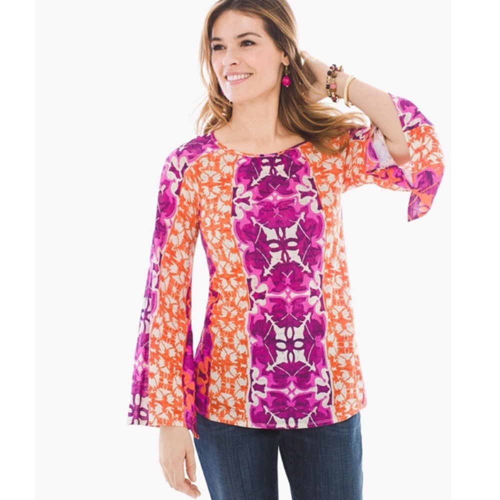 New Chico's Mystic Batik Print Flare-Sleeve Top Large‎ Chico's 2 Boho Artisan